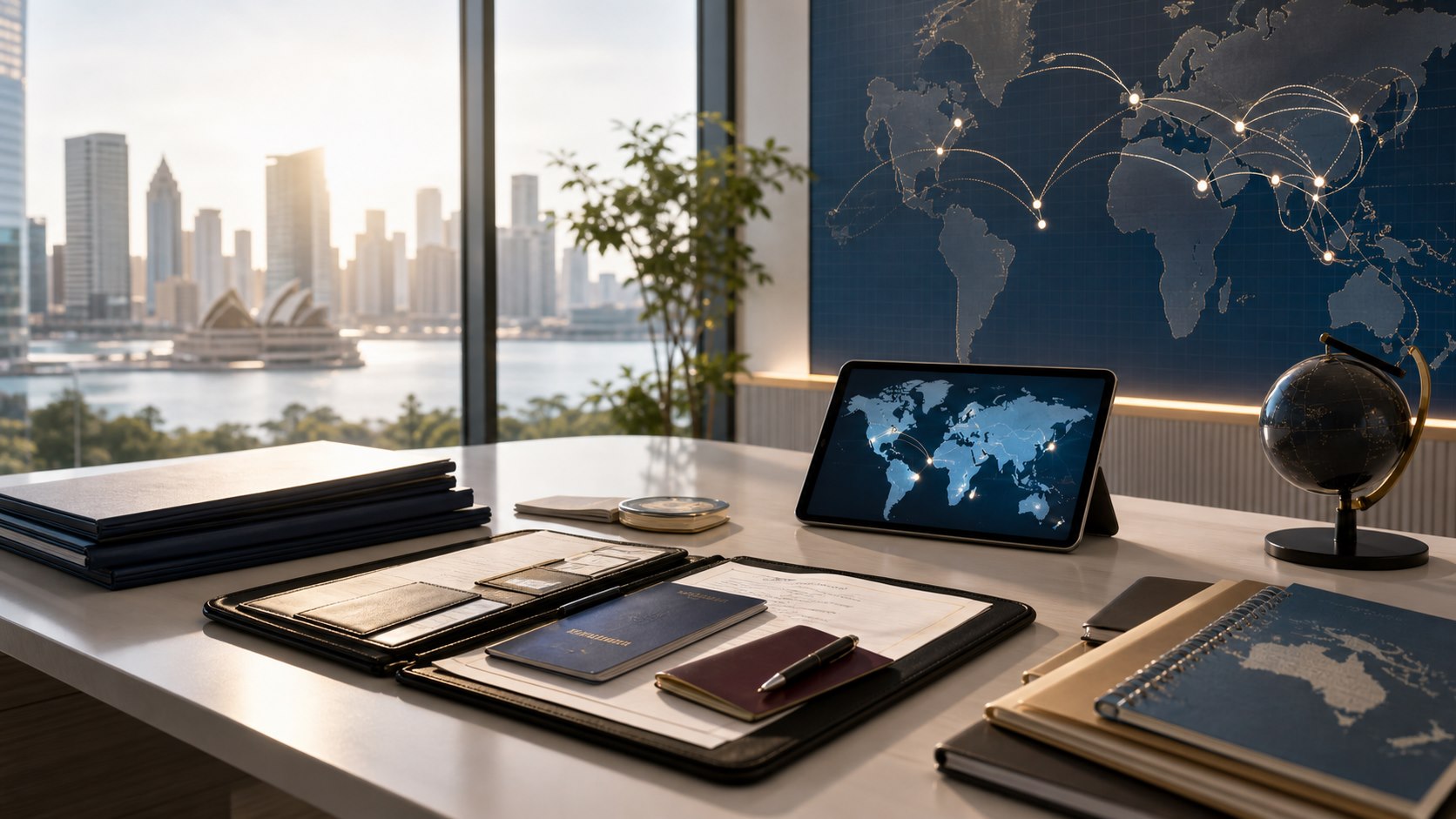 Overseas company setup planning with global routes and documents