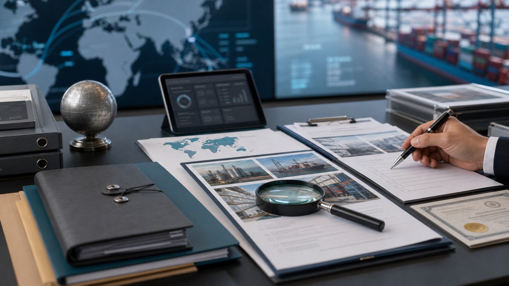 Trade due diligence desk with verification documents