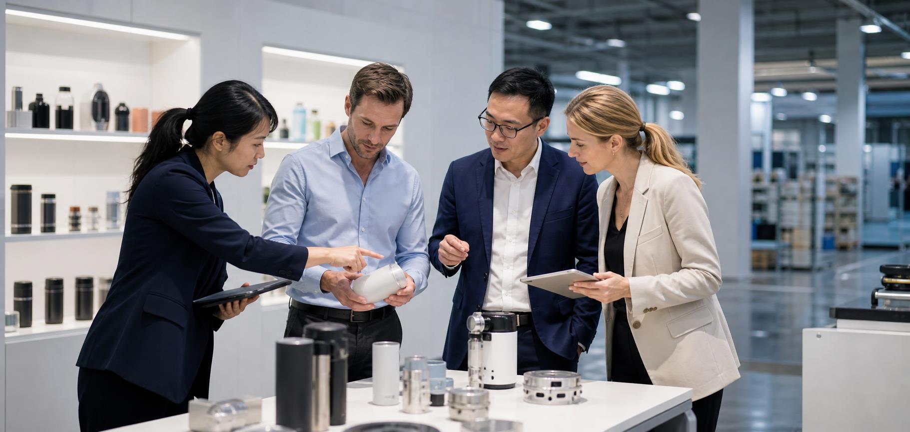 Sourcing team inspecting product samples in China